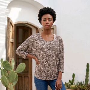 Cato Mixed Scarf Animal Print Oversize Drop Shoulder Slinky Tunic Blouse Leopard